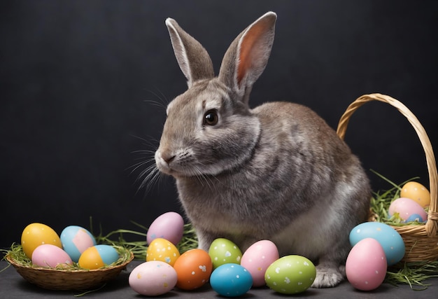 Foto frohes ostern zu hause mit frühlingsblumen und einem kaninchen auf einem dunklen raum-hintergrund