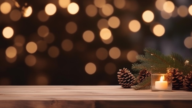 Frohes Weihnachten und frohes Neujahr Hintergrund mit leerem Holztisch über Weihnachtsbaum und verschwommenem Licht Bokeh Leeres Display für Produktplatzierung Rustikal Vintage Xmas 2024 Hintergrund Schönheit