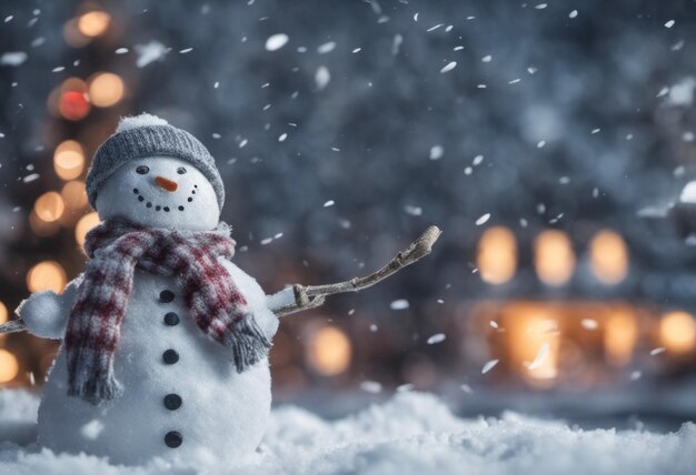 Frohes Weihnachtsbanner mit einem niedlichen Schneemann im Winter im Freien