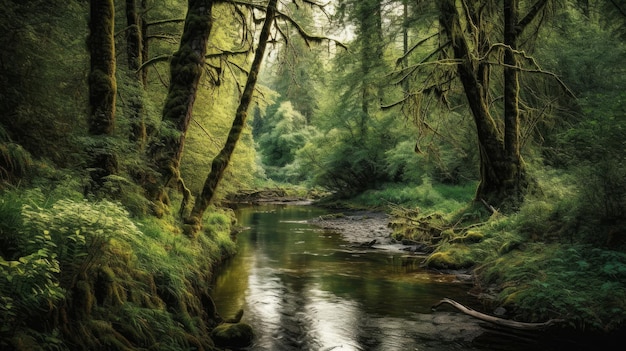 Un frondoso bosque verde con árboles altos y un ri sinuoso generado por IA