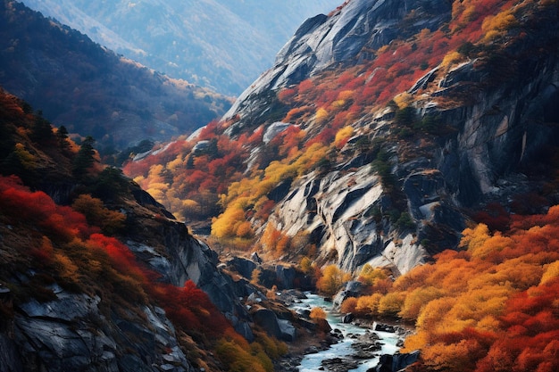 El frondoso follaje de otoño en las escarpadas laderas de las montañas