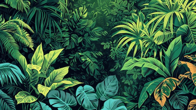 El frondoso follaje verde de una selva tropical con una luz brillante que brilla a través de las hojas
