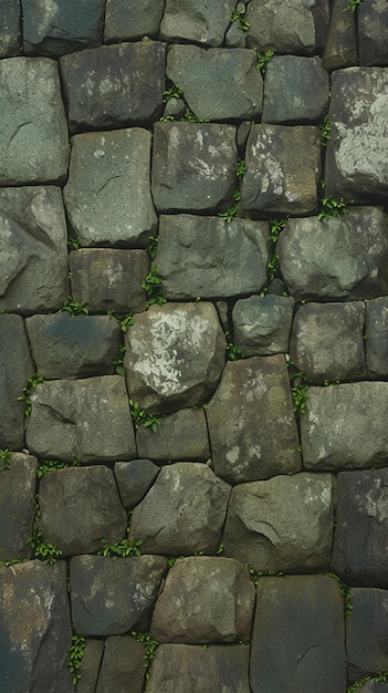 Frontalbild zeigt eine alte Steinmauer, die mit reichlich grünem Moos geschmückt ist Vertical Mobile Wallpaper