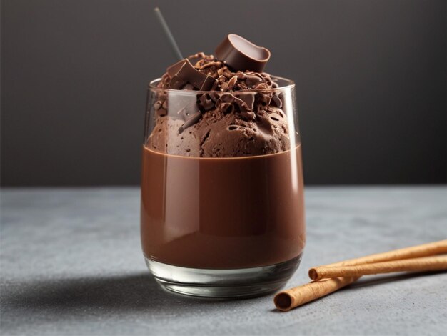 Frontansicht auf ein Schokoladen-Dessert in einem Glas mit Stroh