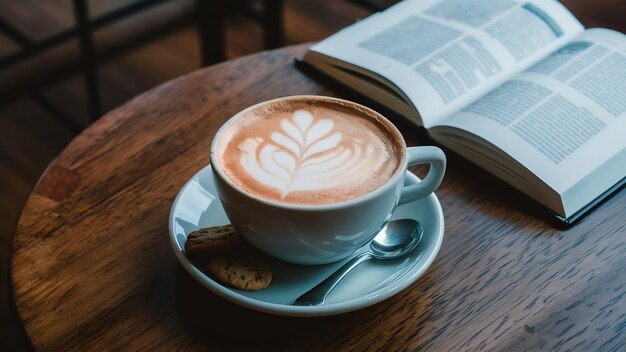 Frontansicht auf einen Becher Cappuccino mit Kekse und einem Buch auf dem Tisch