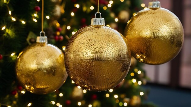 Frontansicht auf hängende goldene Weihnachtsglobe