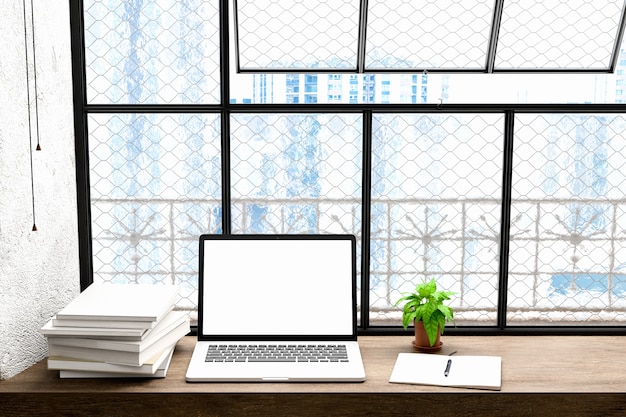 Frontansicht des Workparks mit leeren Laptop-Bildschirm, leere Rahmen und Notebook in modren Hause Büro work.for Mock up, 3D-Illustration