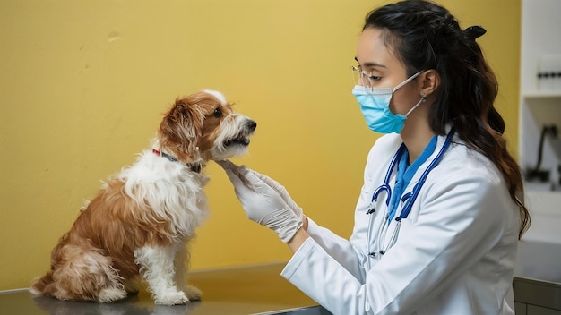 Frontansicht einer Tierärztin, die einen kleinen Hund an einer gelben Wand beobachtet