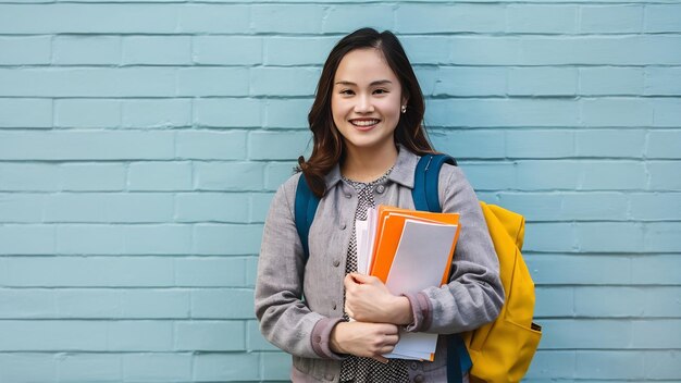 Frontansicht einer weiblichen Studentin in einer grauen Jacke, die ihren gelben Rucksack trägt und Dateien am Licht hält