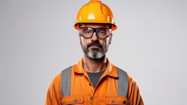 Frontansicht eines Arbeiters mit Schutzbrille und Schutzmütze