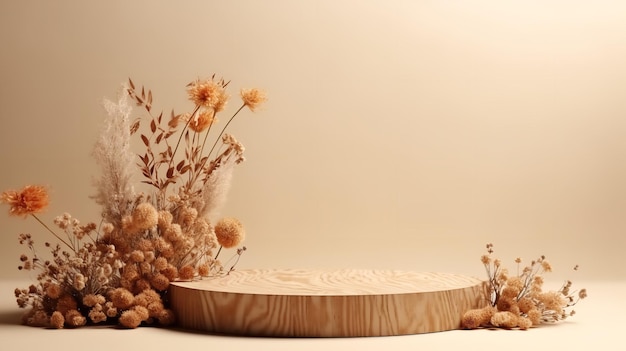 Frontansicht eines hölzernen Podestals zur Ausstellung von Produkten mit getrockneten Blumen Generative AI