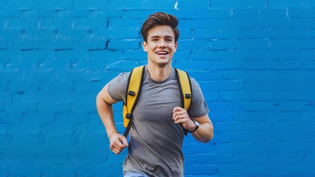Frontansicht eines jungen Mannes in grauem T-Shirt mit gelbem Rucksack, der lächelt und auf der blauen Welle rennt