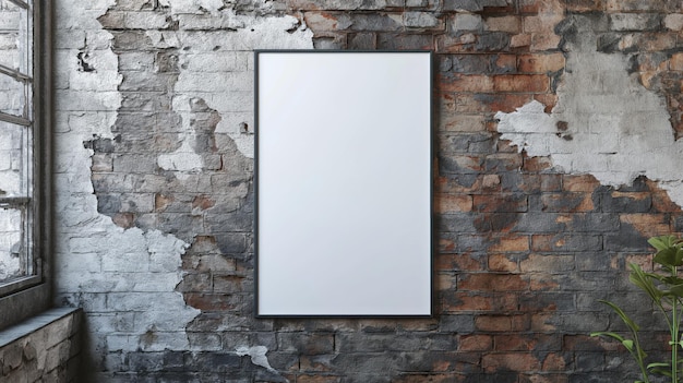 Foto frontansicht eines leeren weißen plakates an einer hellen ziegelsteinwand in einem modernen loftinterieur mit betonboden