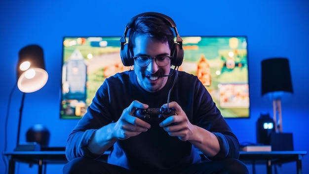 Frontansicht eines männlichen Gamers mit einem Gamepad, der ein Videospiel an einer blauen Wand spielt