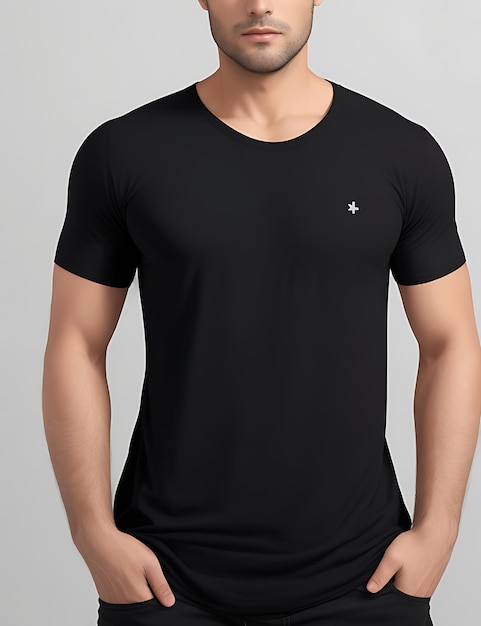 Frontansicht eines Modells eines leeren schwarzen T-Shirts