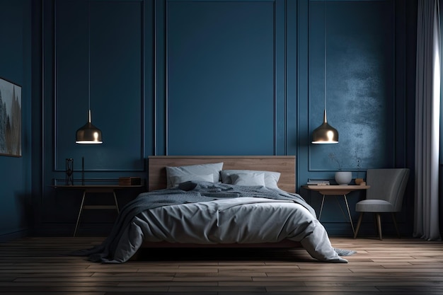 Frontansicht eines Schlafzimmers mit einem Holzschreibtisch im Vordergrund ein blaues Interieur und ein Parkettboden in der Nähe der Fensterlampen auf Nachttischen Mockup für die Produktdarstellung