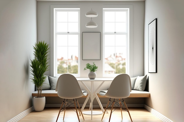 Frontansicht Fenster und Sitze in einem stilvollen Wohnzimmer Design Esszimmer mit dekorativer Toilette und Stühlen Poster Mockup an der Wand