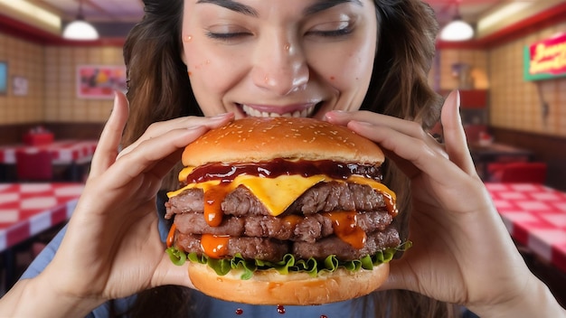 Frontansicht Frau isst Fleischburger
