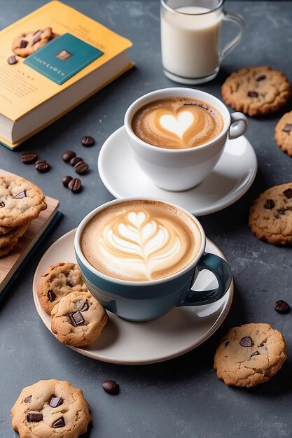 Frontansicht Kaffeekuppe mit Cappuccino, Kekse und einem Buch auf dem Tisch