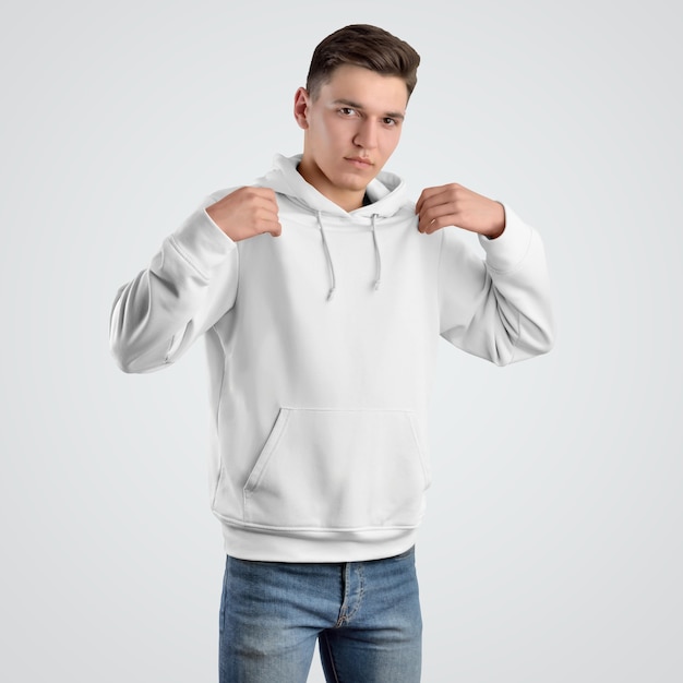 Frontansicht Mockup Hoodie Vorlage für jungen Mann. Design von weißer Kleidung. Präsentation für den Ladenverkauf.