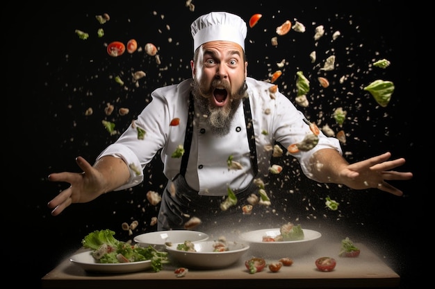 Foto frontansicht von einem koch, der salat wirft