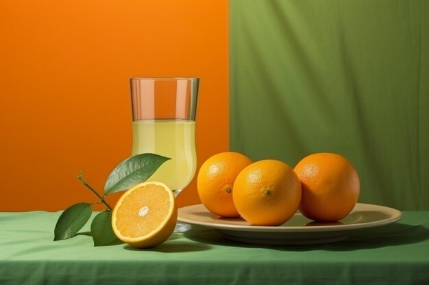 Frontansicht von frischem Orangensaft in einem Glas, das mit Minze und Orange-Lime auf einem Holztisch serviert wird