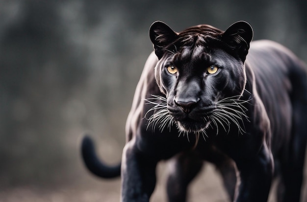 Frontansicht von Panther auf schwarzem Hintergrund Wildtieren-Banner mit Kopierraum Predator-Serie