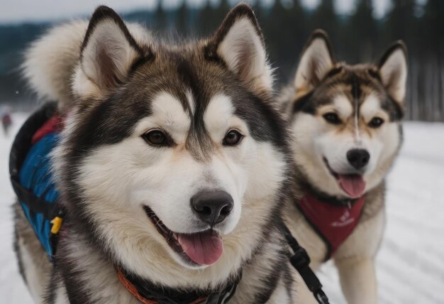 Frontansicht von vier sibirischen Huskies beim Rennen im Winter