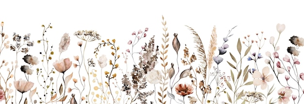 Foto fronteira com aquarela outono flores silvestres sementes e folhas ilustração isolada