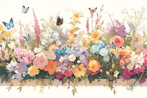 Fronteira com flores e borboletas em fundo branco