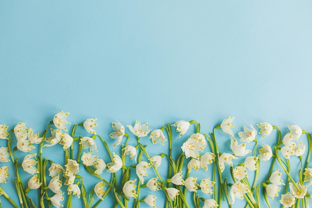 Fronteira de flores de primavera em papel azul plano espaço para cartão floral para texto Olá primavera