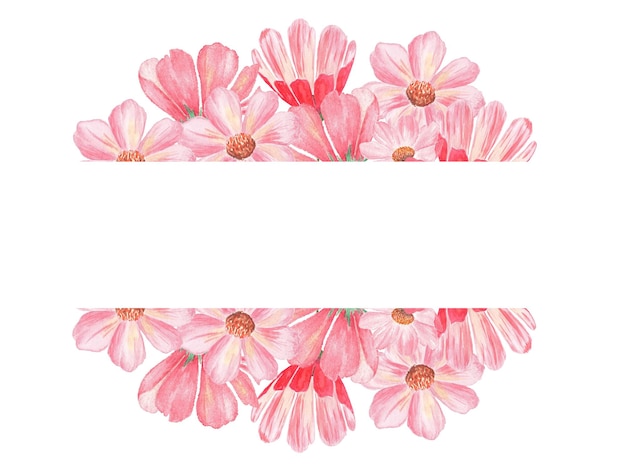 Fronteira de flores. Ilustração em aquarela de delicadas flores cor de rosa. Conjunto botânico