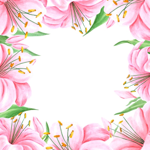 Fronteira de moldura de flores de lírio rosa desenhada à mão Aquarela em banner de etiqueta de pôster de scrapbook branco