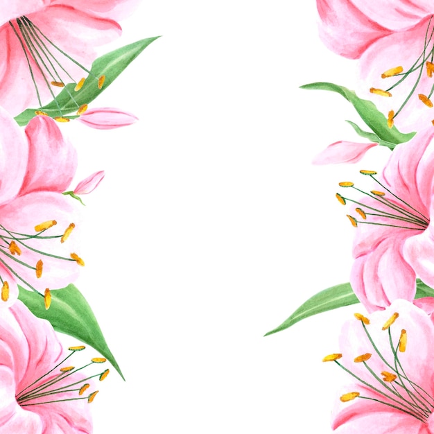 Foto fronteira de moldura de flores desenhadas à mão lírio rosa aquarela em banner de etiqueta de pôster de design de álbum de recortes branco