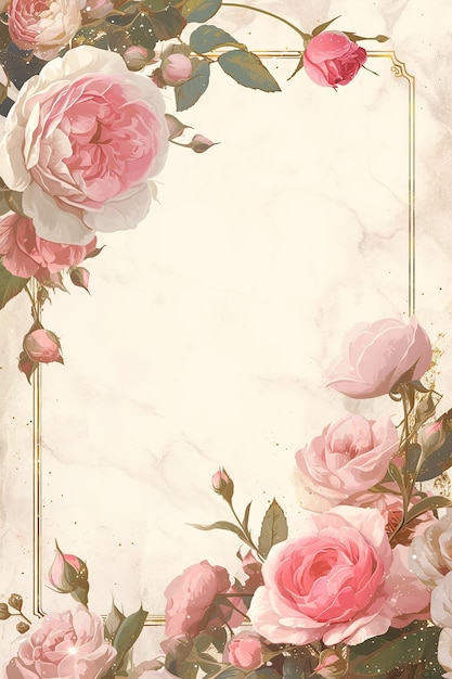 Fronteira de moldura vintage com flores cor-de-rosa e uma moldura dourada