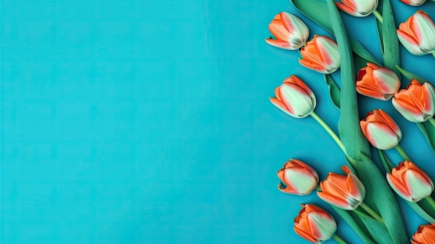 Fronteira de tulipas com espaço de cópia em um fundo colorido Bela composição de moldura de flores de primavera Generative AI