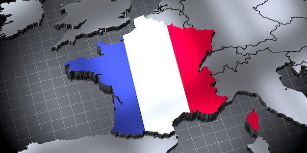 Fronteiras do país da França e ilustração 3D da bandeira