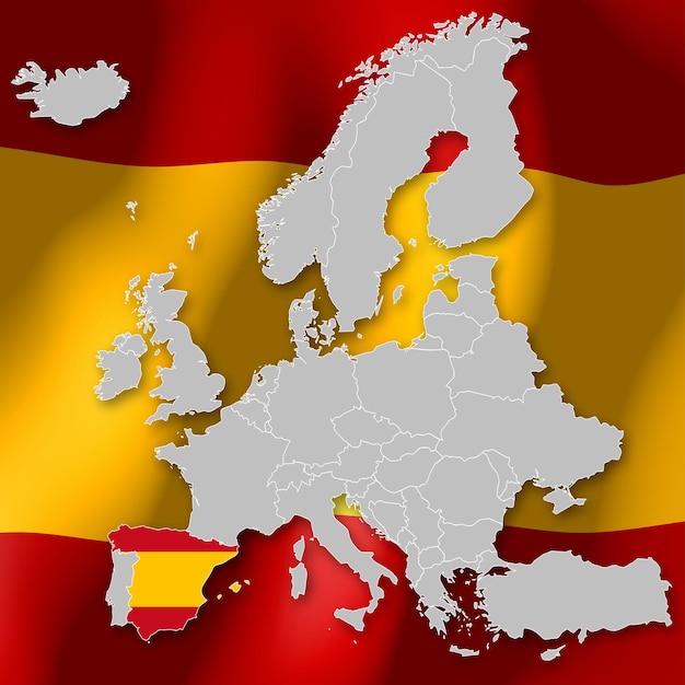 Foto fronteiras e bandeira do país da espanha selecionadas no mapa da europa