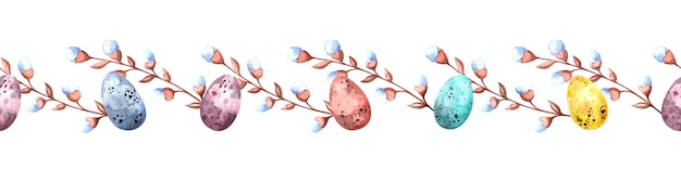 Frontera de acuarela transparente con huevos de Pascua de colores y ramitas de sauce sobre un fondo blanco. Ilustración de Pascua para vacaciones, postales, envases.