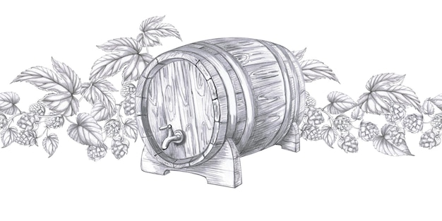 Frontera sin costuras con barril de roble y arbustos de lúpulo ilustración aislada a lápiz para el menú de diseño de pub