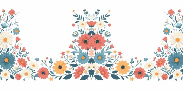 Frontera sin costuras con flores y hojas en estilo retro flores de primavera coloridas Ilustración vectorial