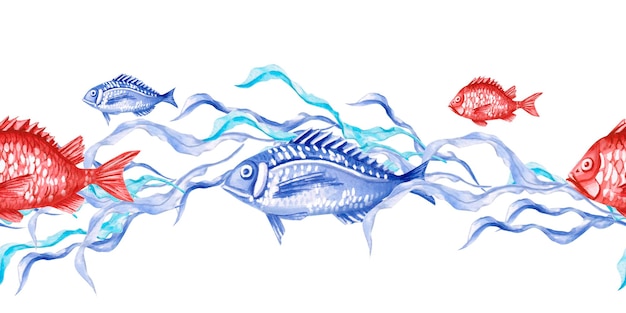 Frontera sin costuras con peces y algas marinas ilustración aislada sobre el tema del mundo submarino para