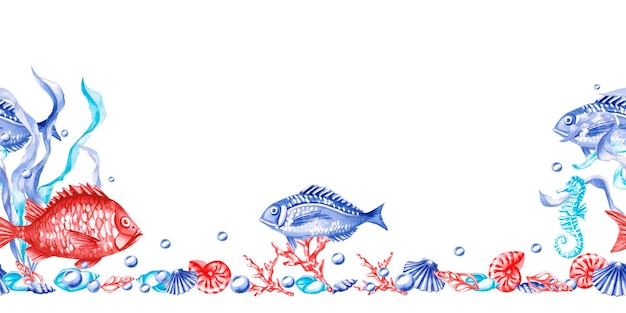 Frontera sin costuras con peces caballitos de mar y conchas ilustración aislada sobre el tema del submarino