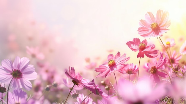 Frontera de flor de cosmos rosada en el campo de cosmos en el jardín con fondo borroso y luz solar suave para póster floral horizontal Cierra las flores que florecen en el estilo de suavidad en primavera verano bajo el amanecer