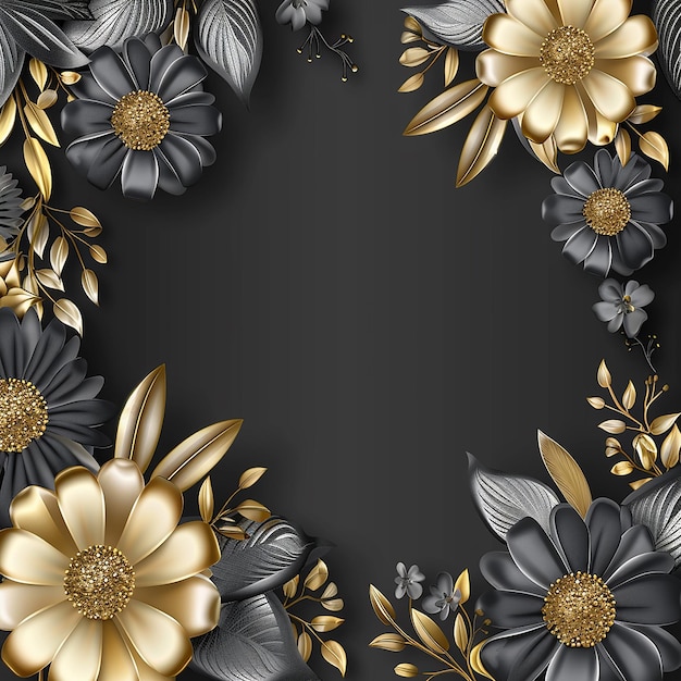 Frontera floral 3D con 50 espacios en blanco para el texto negro con oro y plata