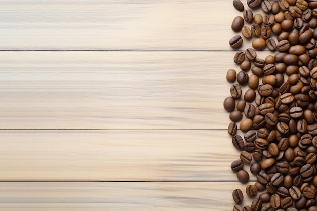 Frontera de granos de café sobre un fondo de madera claro