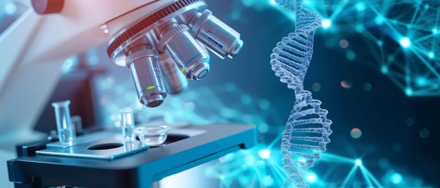 La frontera de la investigación genética un microscopio se centra en la maravilla del ADN el plan de la vida