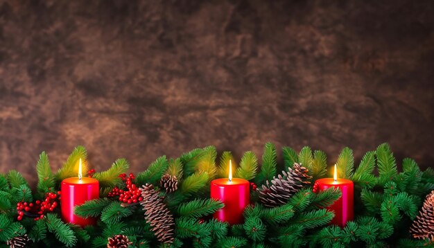 Frontera navideña hecha de ramas perennes decoradas con velas encendidas