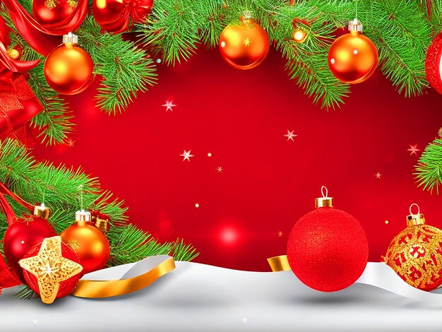 Foto frontera navideña con ramas de abeto y elementos de decoración en fondo rojo 3d realista