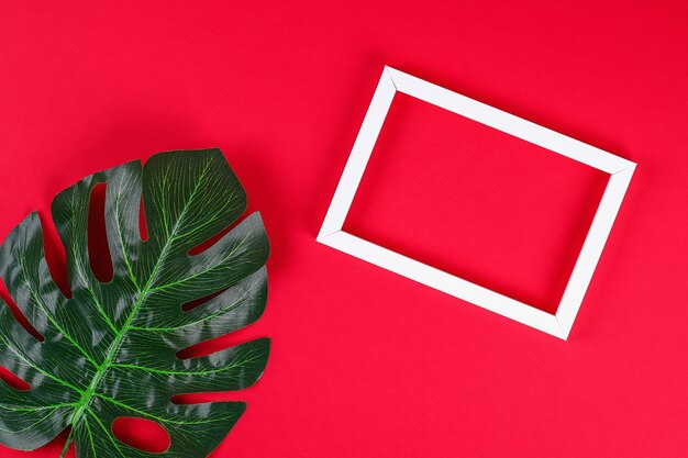 Frontera negra blanca del marco de la hoja tropical del concepto de las ideas del verano en fondo rojo